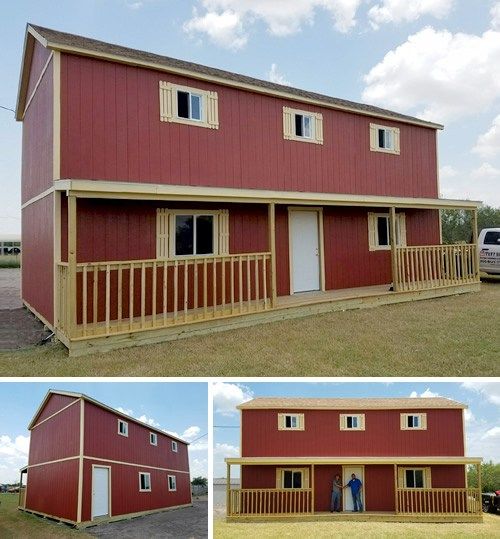 two story red barn with balconies on the second floor