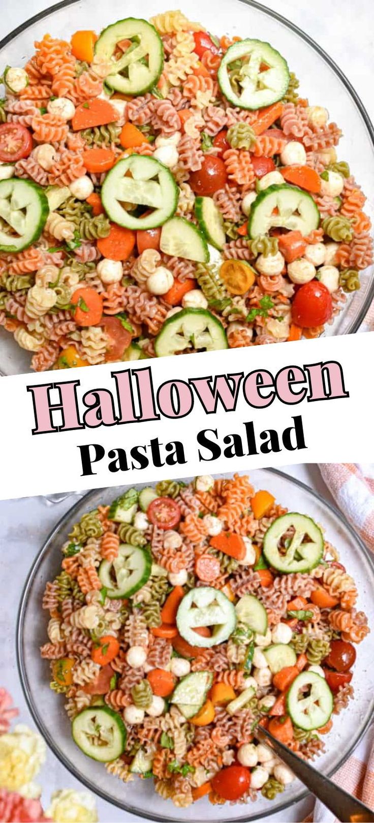 two plates with pasta and vegetables in them, one has the words halloween pasta on it