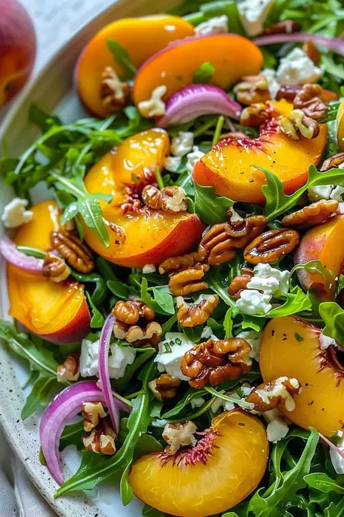 a salad with peaches, pecans and feta cheese on top in a white bowl