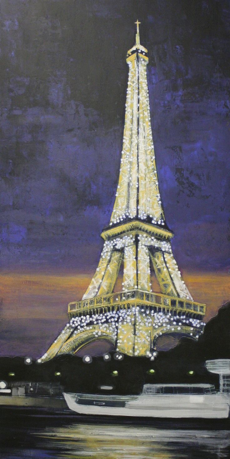 a painting of the eiffel tower lit up in yellow and white at night