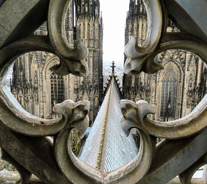 the view from behind an ornate iron gate at cathedrals in cologne, germany on a sunny day