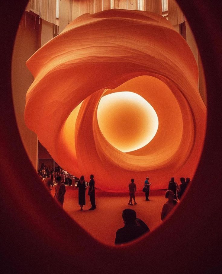 a group of people standing in front of a large orange object with white circles on it