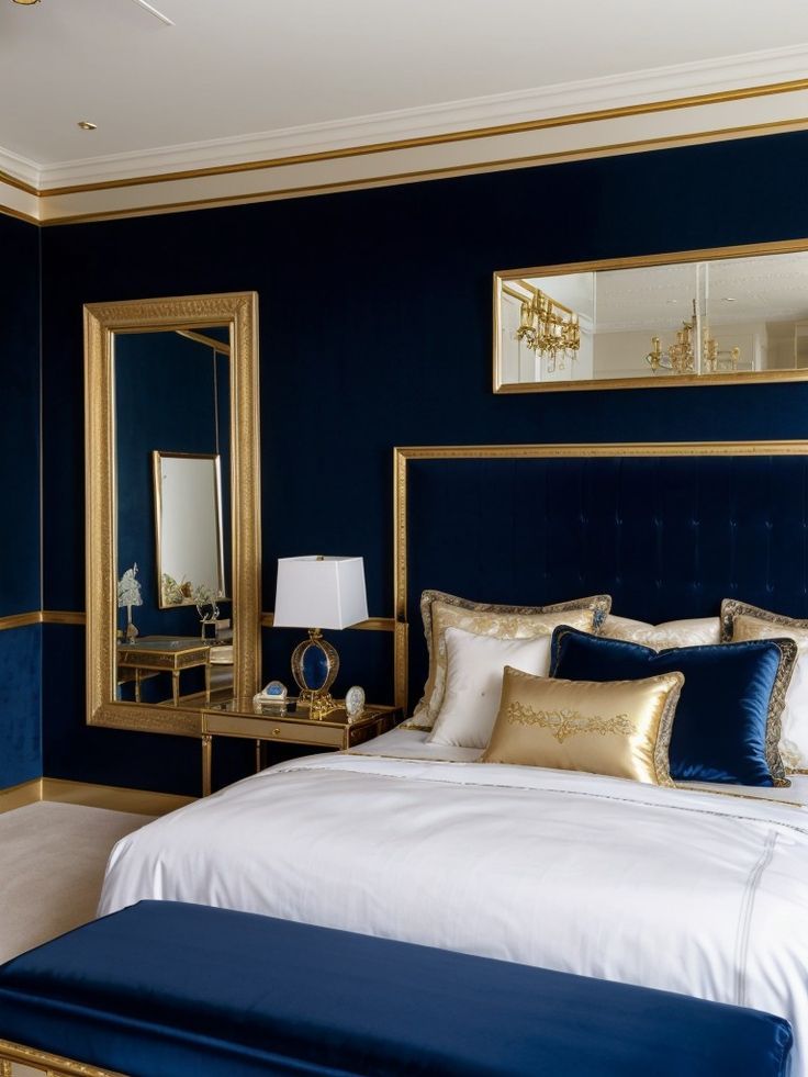 a bedroom with blue walls and gold accents