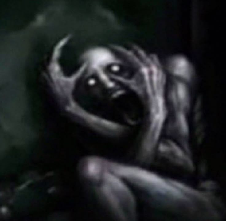 a creepy looking creature with its mouth open and eyes wide open, sitting in the dark