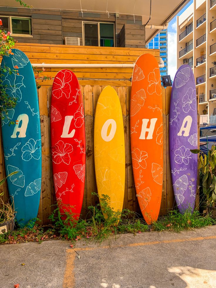 four surfboards are lined up in front of a building with the word aloh painted on them