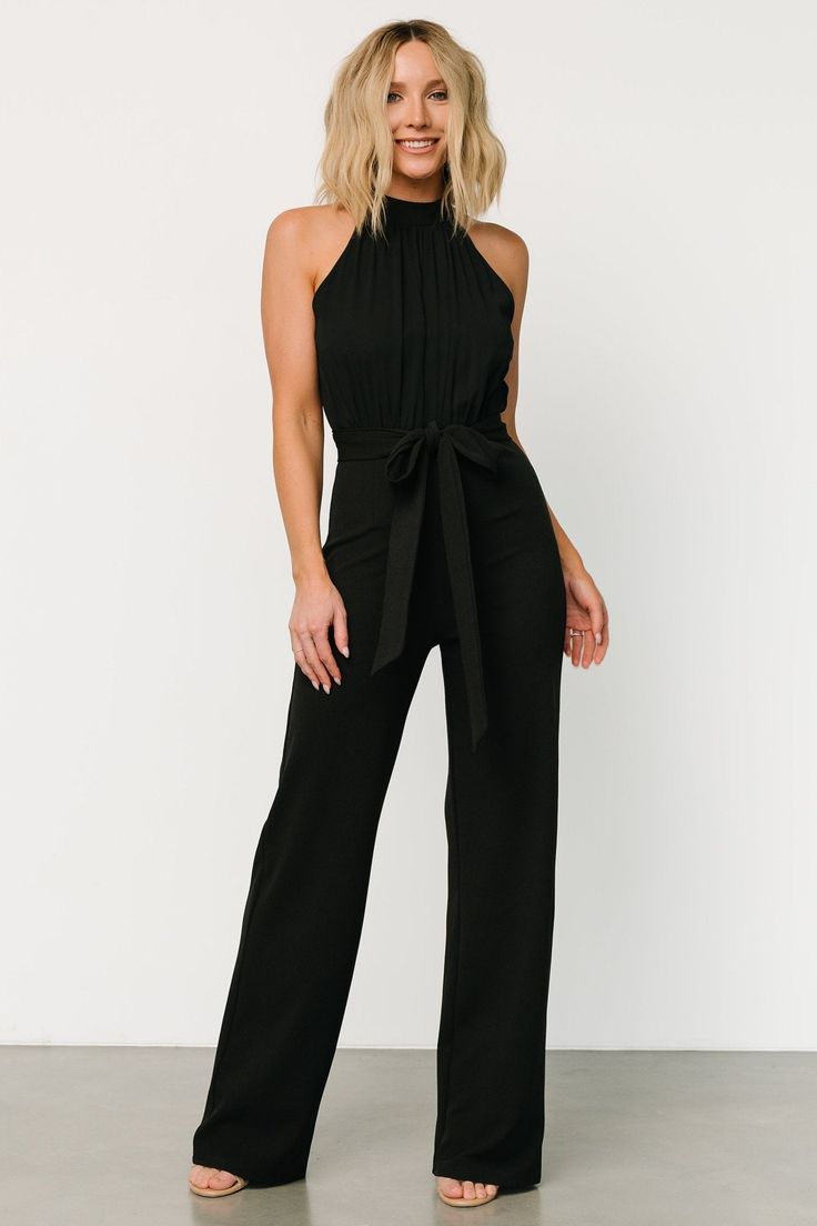 Erin Jumpsuit | Black Black Pants Suit Women, Black Jumpsuit Outfit Night, Gala Attire, Black Jumpsuit Outfit, Black Pant Suit, Feel Powerful, Waist Sash, Baltic Born, Jumpsuit Outfit