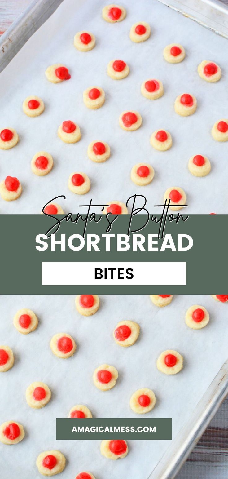 shortbread bites on a baking sheet with text overlay