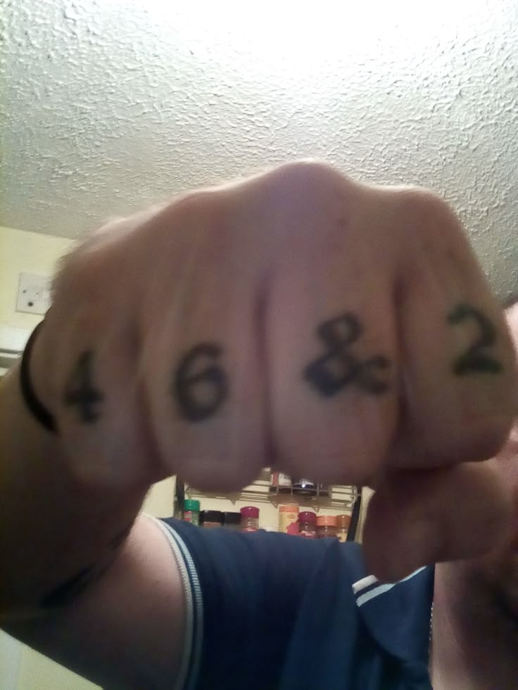 two fingers with numbers written on them in front of a man pointing at the camera