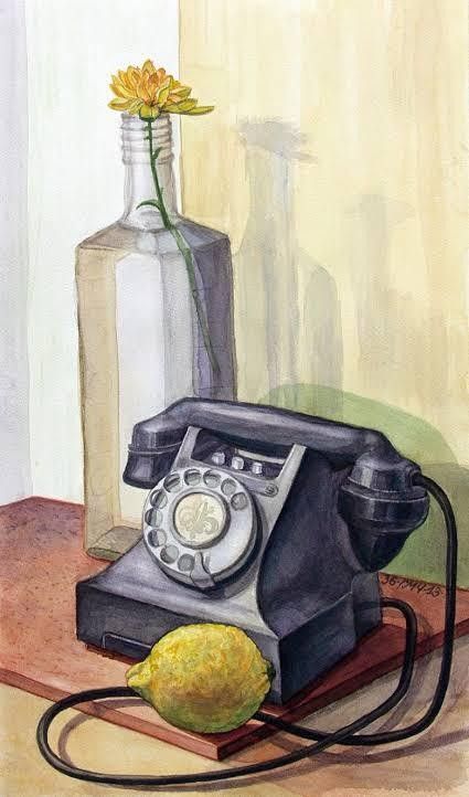 a painting of an old phone and a bottle with a flower in it sitting on a table