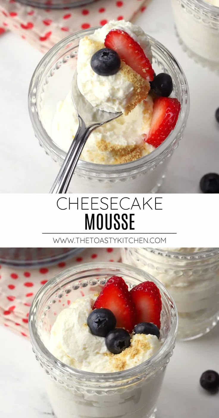 cheesecake mousse with strawberries and blueberries on top