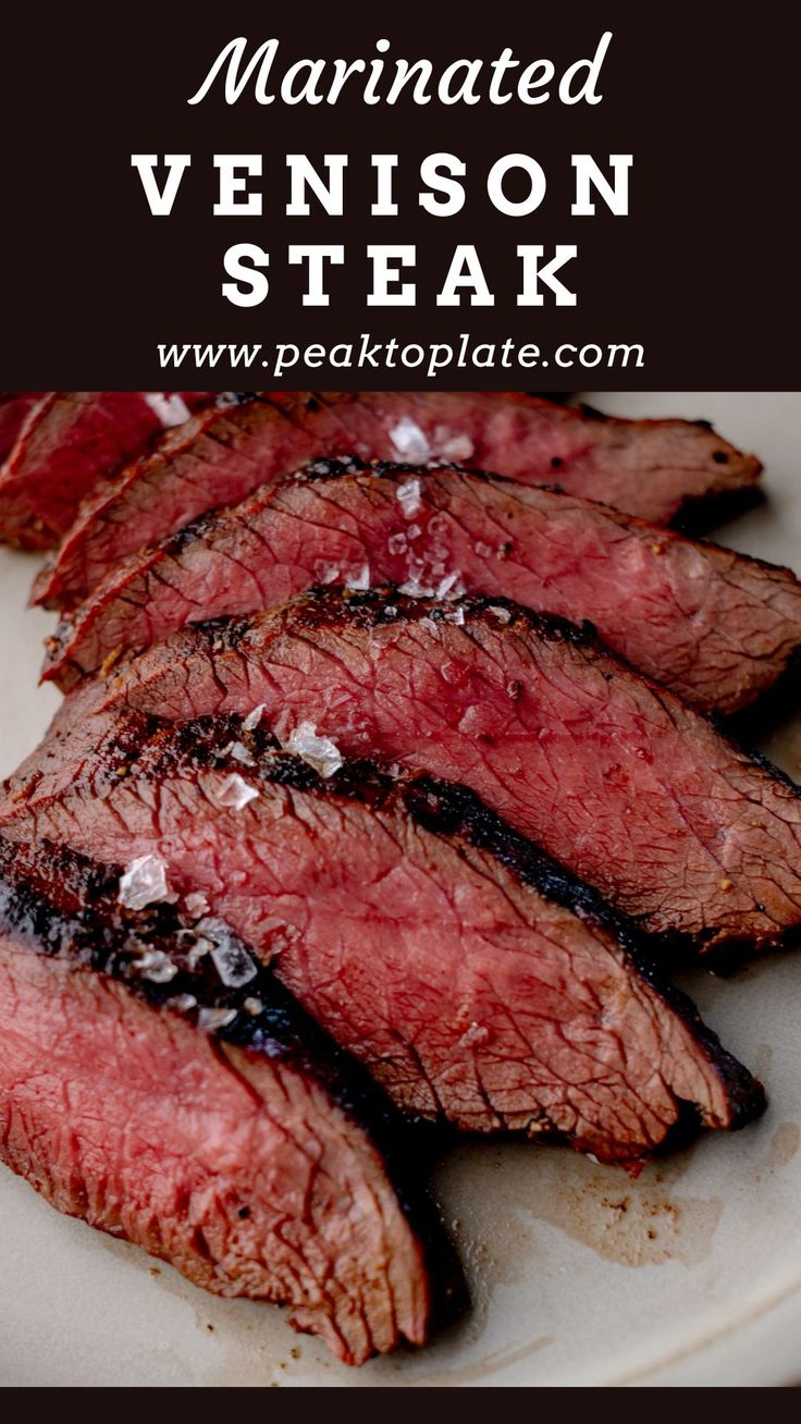 sliced steak on a plate with text overlay