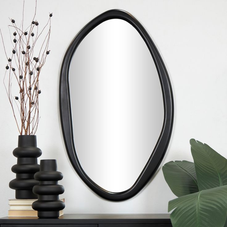 a mirror sitting on top of a dresser next to a plant