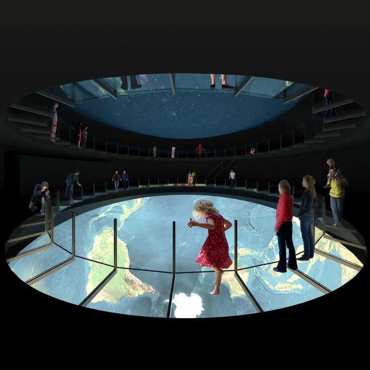 a group of people standing around in a glass dome looking at the earth and sky