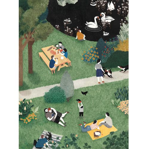 an illustration of people sitting on the grass in a park with ducks and swans around them