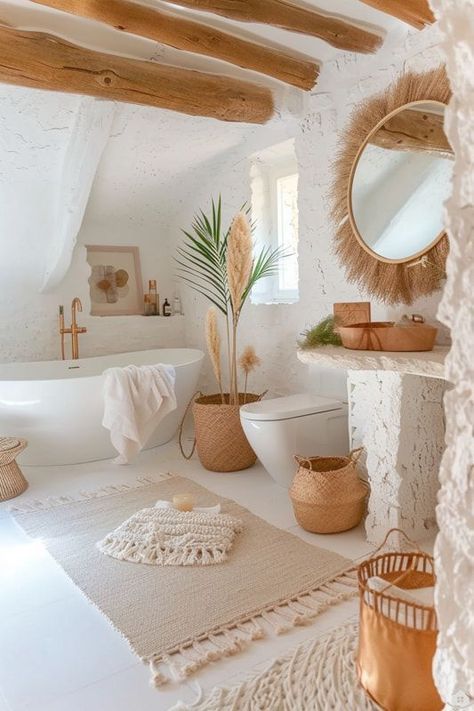 the bathroom is decorated in white and natural materials