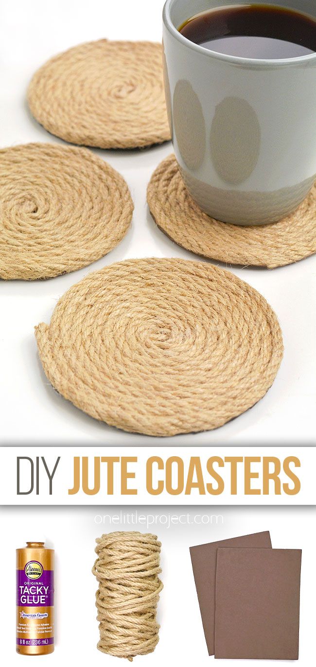 Photo of DIY Jute Coasters and materials used to make Diy Crafts Hobby Lobby, Fabric Rope Coasters Diy, Coaster Crafts Ideas, Diy Crafts For Adults Homemade Gifts, Crafts Using Jute Twine, Jute Rope Coasters Diy, Diy Cup Coasters, Thanksgiving Craft Fair Ideas, Twine Coasters Diy