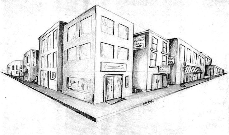 a drawing of some buildings on the side of a road with no people in it