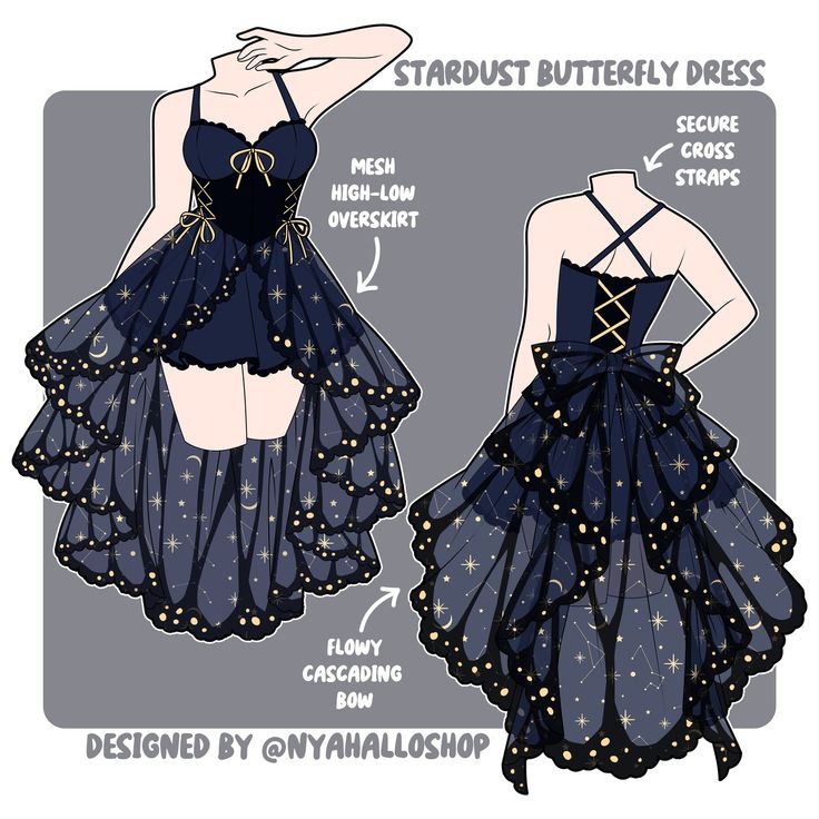 a drawing of a woman wearing a dress with stars on it and the words stardust butterfly