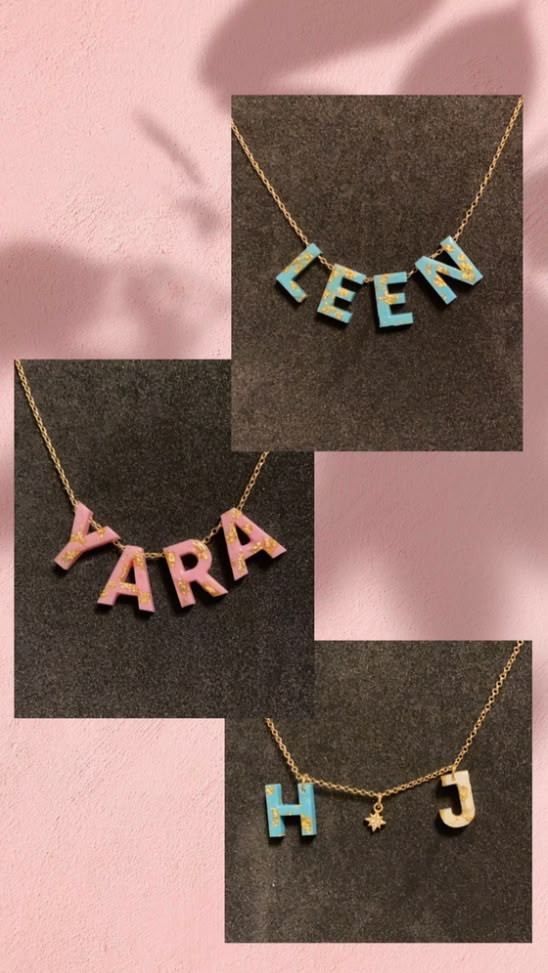 three different necklaces with letters on them