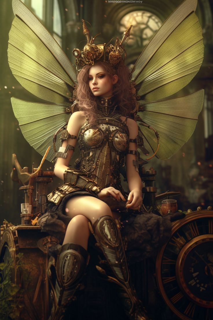 a woman dressed as a fairy sitting on top of a carriage with her hands in her pockets