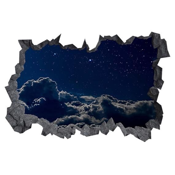 the night sky is seen through an open hole in the wall, with clouds and stars visible