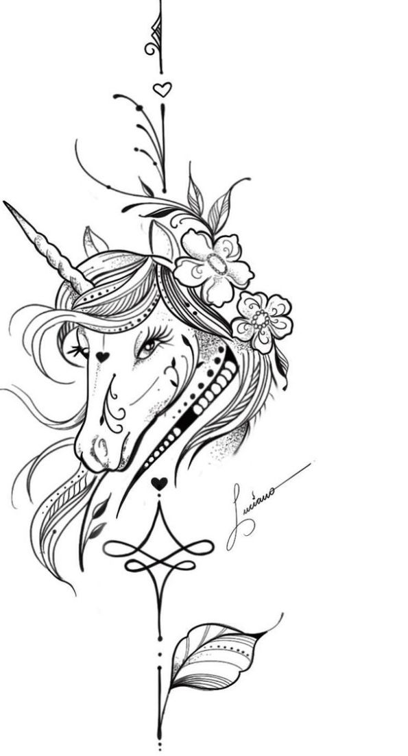 a drawing of a unicorn with flowers on it's head and an arrow in the middle