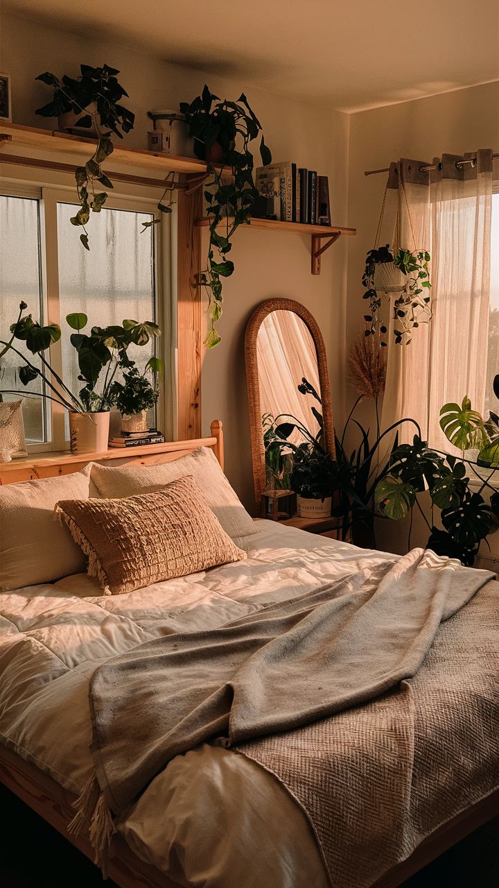 a bed sitting next to two windows with plants on top of it and a mirror