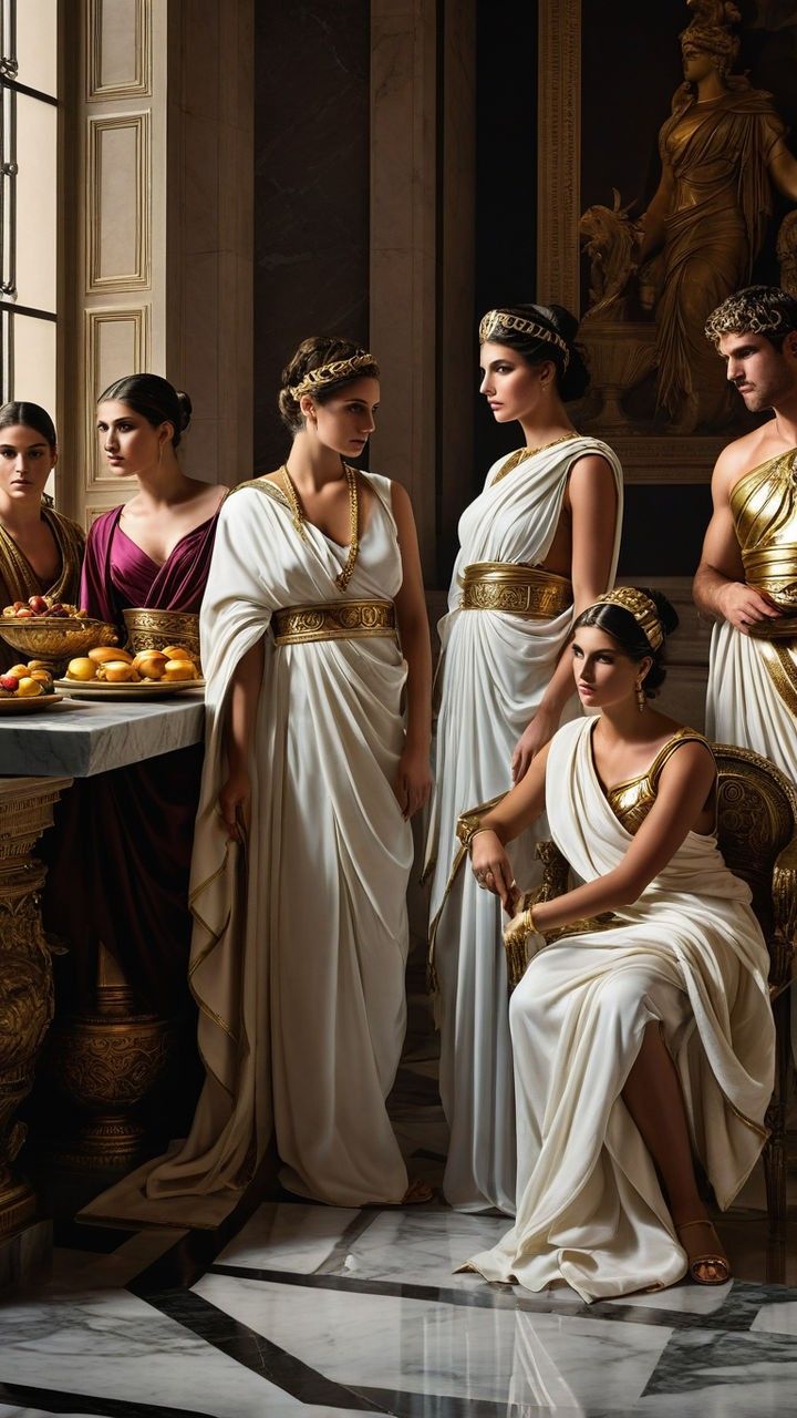 four women dressed in ancient greek costumes standing next to each other with plates of food on the table