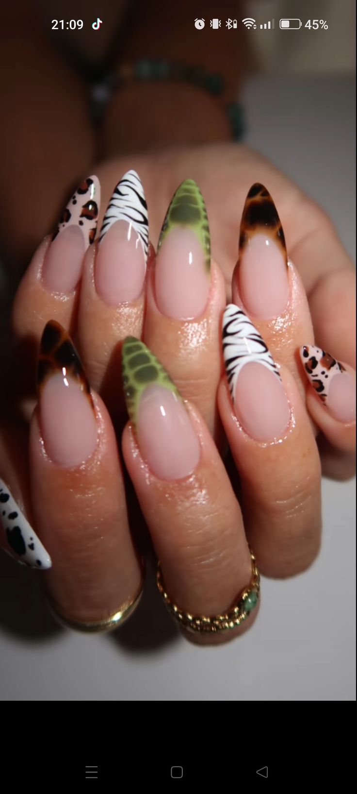 Plan Nail Designs, Short Nail Cheetah Designs, Short Stelleto Nails, Vintage Nail Inspiration, 90 Nail Designs, Cool Gel X Nails, Tortoiseshell Almond Nails, Pink Cheetah Print French Tip Nails, Different Animal Print Nails