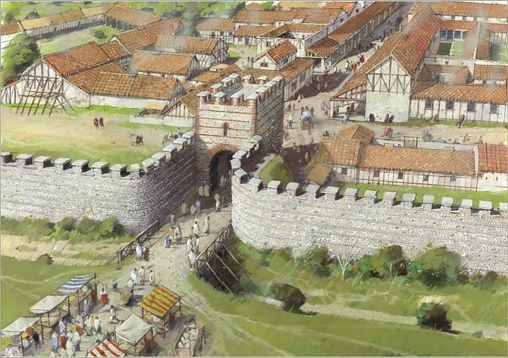 an artist's rendering of a medieval city with lots of buildings and people walking around