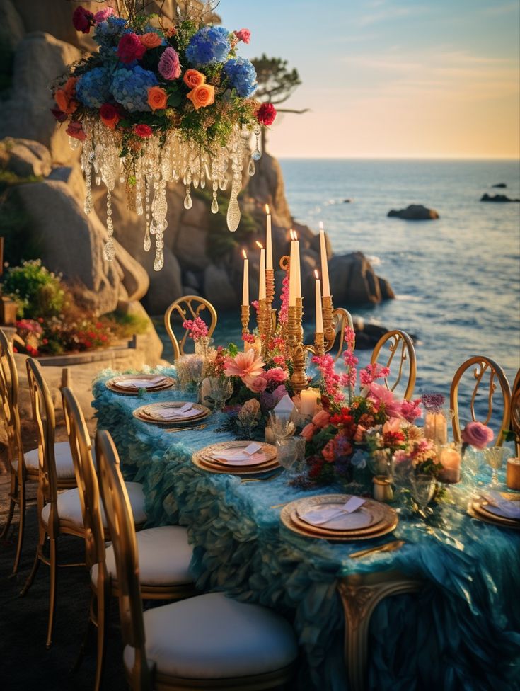 a table set up with flowers and candles for an outdoor dinner by the ocean at sunset