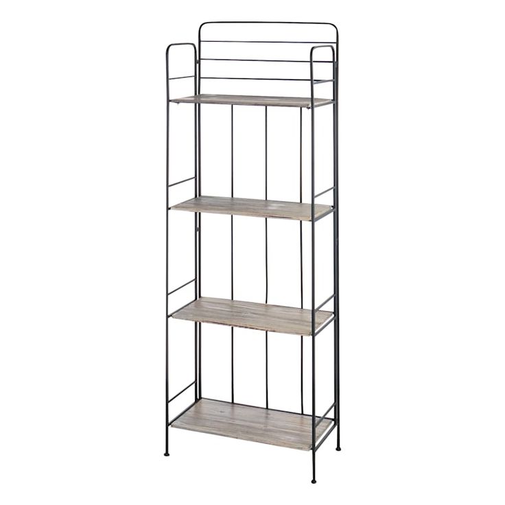 an iron and wood shelf with three shelves on each side, against a white background