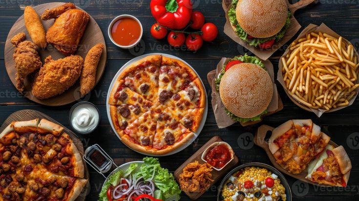 many different types of food are arranged on a wooden table, including pizzas and french fries