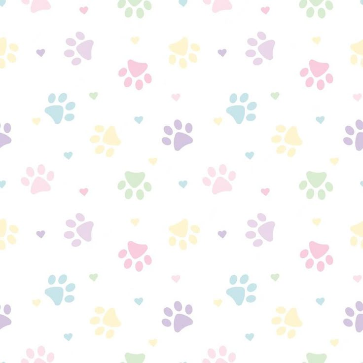 a white background with hearts and paw prints in pastel colors on the left side