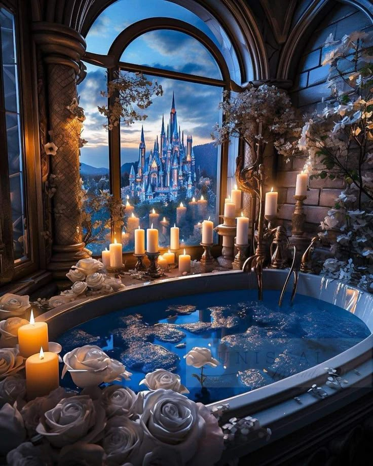 a hot tub filled with water surrounded by candles and flowers in front of a castle