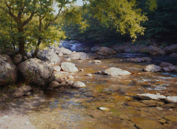 an image of a painting of a stream in the woods with rocks and trees on either side