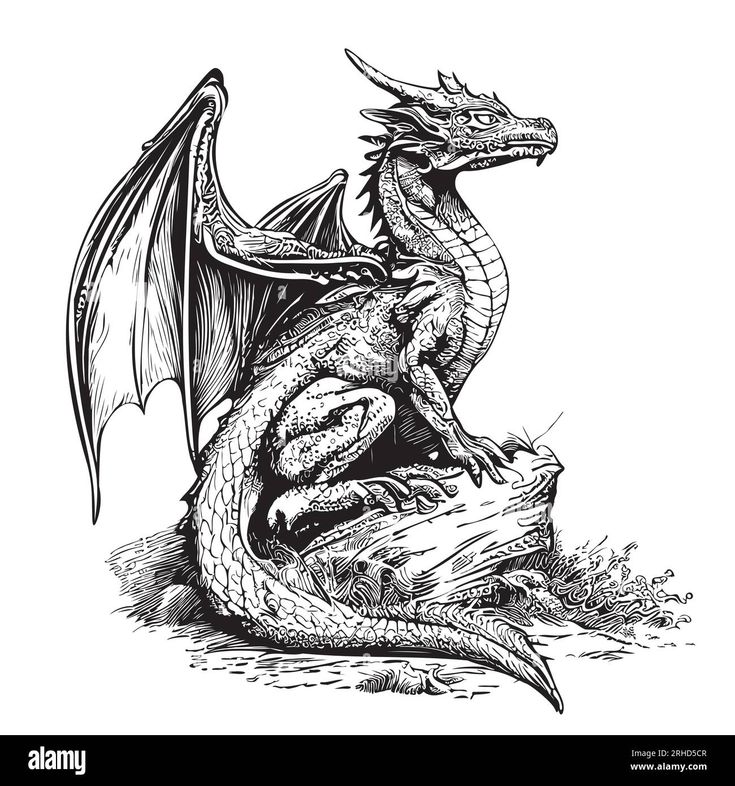 a black and white drawing of a dragon sitting on top of a stump - stock image