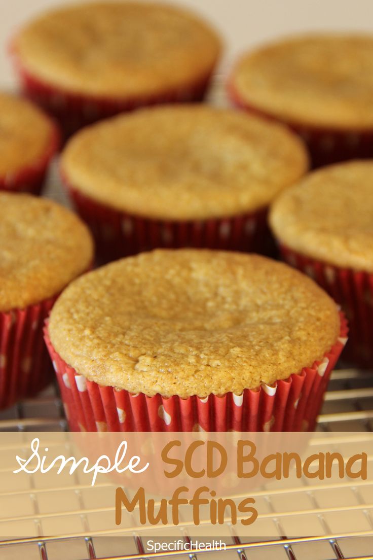 some muffins sitting on top of a cooling rack with the words simple scd banana muffins