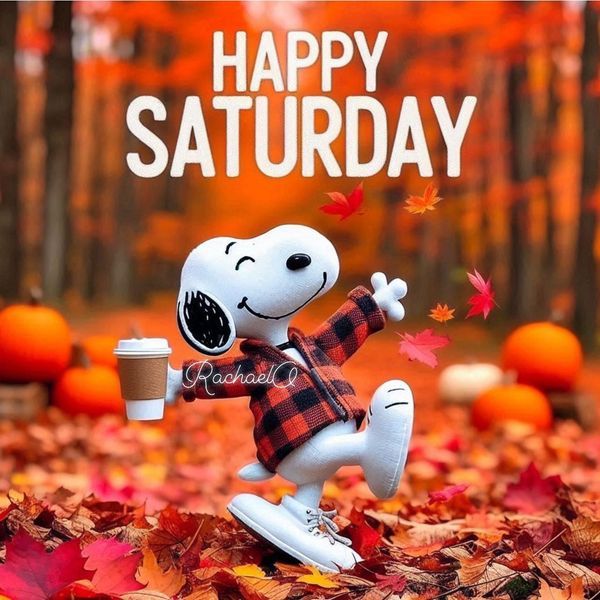 a happy saturday card with a cartoon character holding a coffee cup in the fall leaves