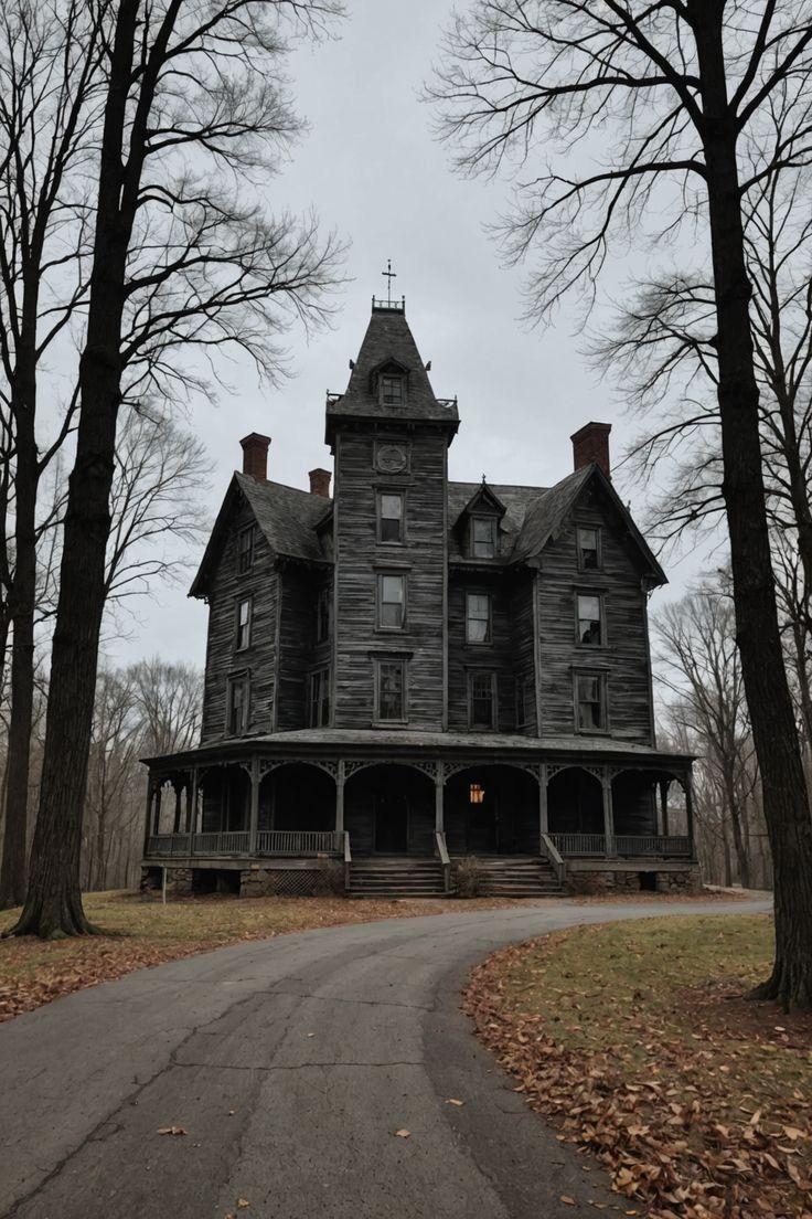 an old house in the middle of trees with no leaves on it and a road leading up to it