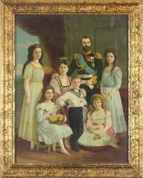 an old painting of a family posing for a picture