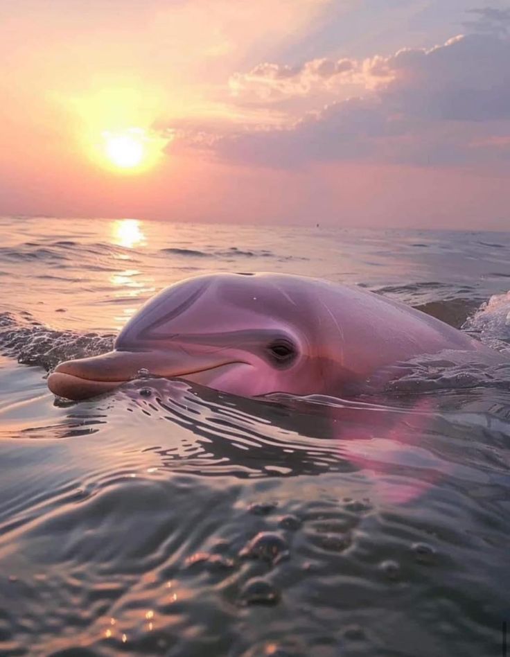 a pink dolphin swimming in the ocean at sunset