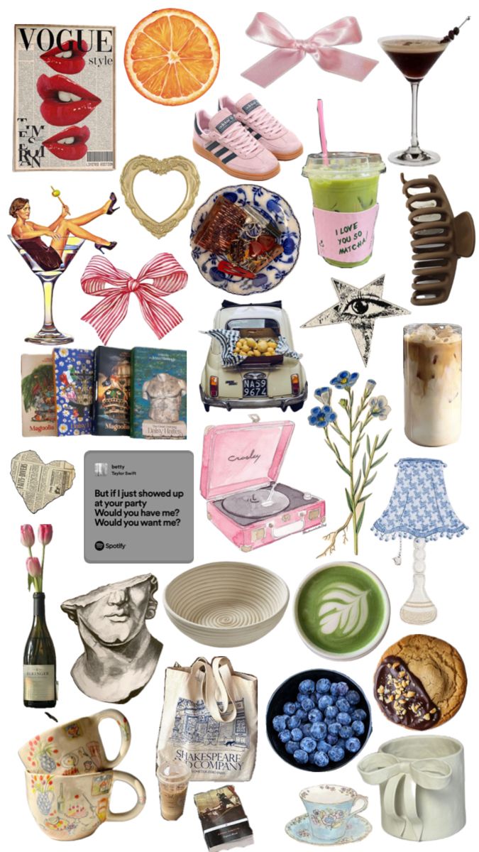 a collage of various items including plates, cups, and other things to eat