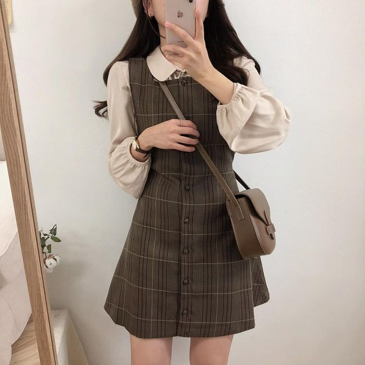 Leoom Pleated Shirt / Sleeveless Plaid Dress | YesStyle Cute Korean Fashion, Dark Academia Outfits, Dark Academia Outfit, Dark Academia Clothing, Academia Clothes, Academia Outfits, Academia Style, Dark Academia Fashion, Academia Fashion