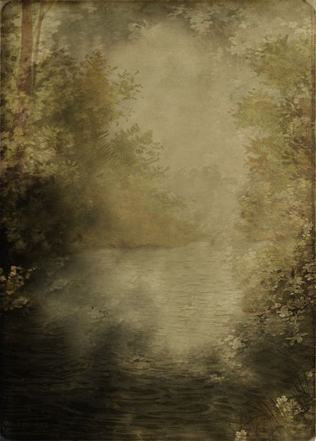 a painting of trees and water with fog in the sky above it, as well as an old fashioned photo frame