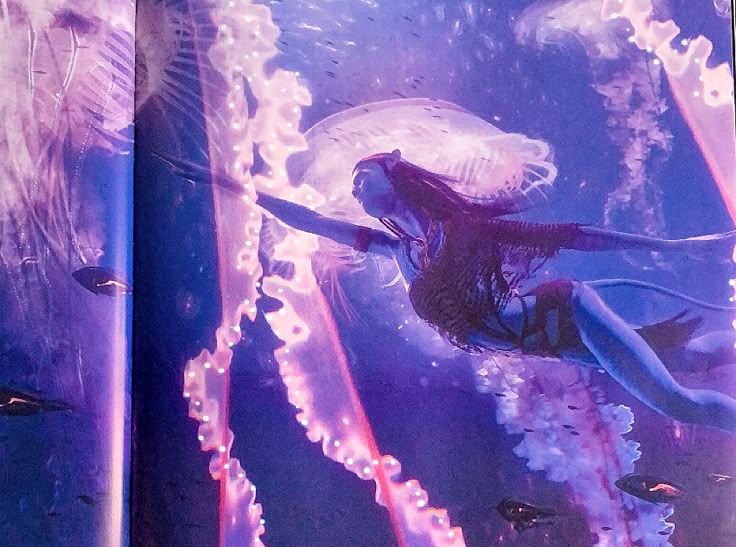 an image of a woman floating in the water with jellyfishs on her back