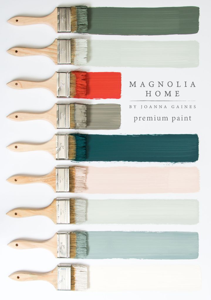 six paint brushes with different colors of paint on them and the words magnolia home written in white