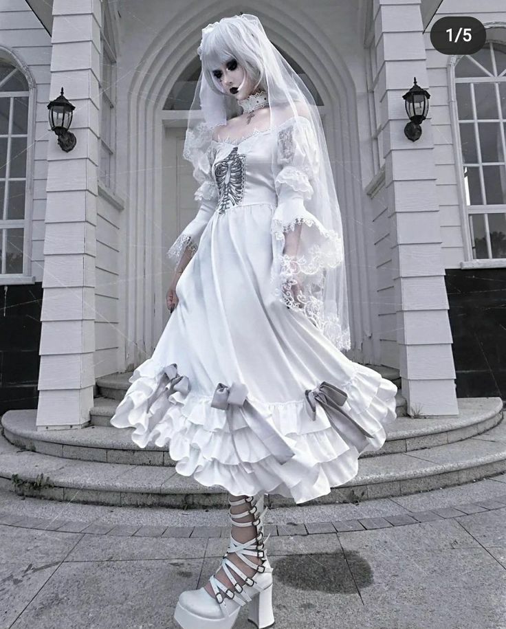 Goth Bride Aesthetic, White Goth Fashion, Goth White Dress, White Gothic Outfit, Gothic White Dress, Ice Goth, White Goth Dress, White Gothic Dress, White Goth Outfit