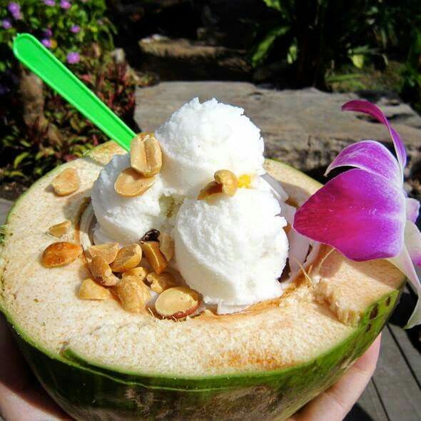 a person holding up a coconut drink with ice cream and nuts on the rim, in front of a purple flower