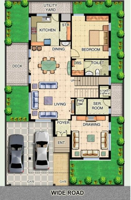 a floor plan for a house with two cars parked in the driveway and one car parked on